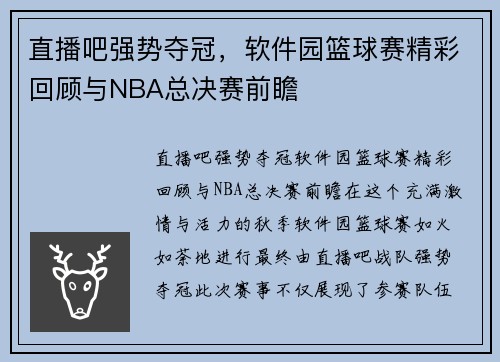 直播吧强势夺冠，软件园篮球赛精彩回顾与NBA总决赛前瞻